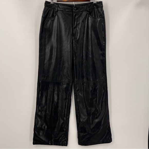 Women's Solid PU Leather Straight Leg Pants Black Large - Picture 1 of 7